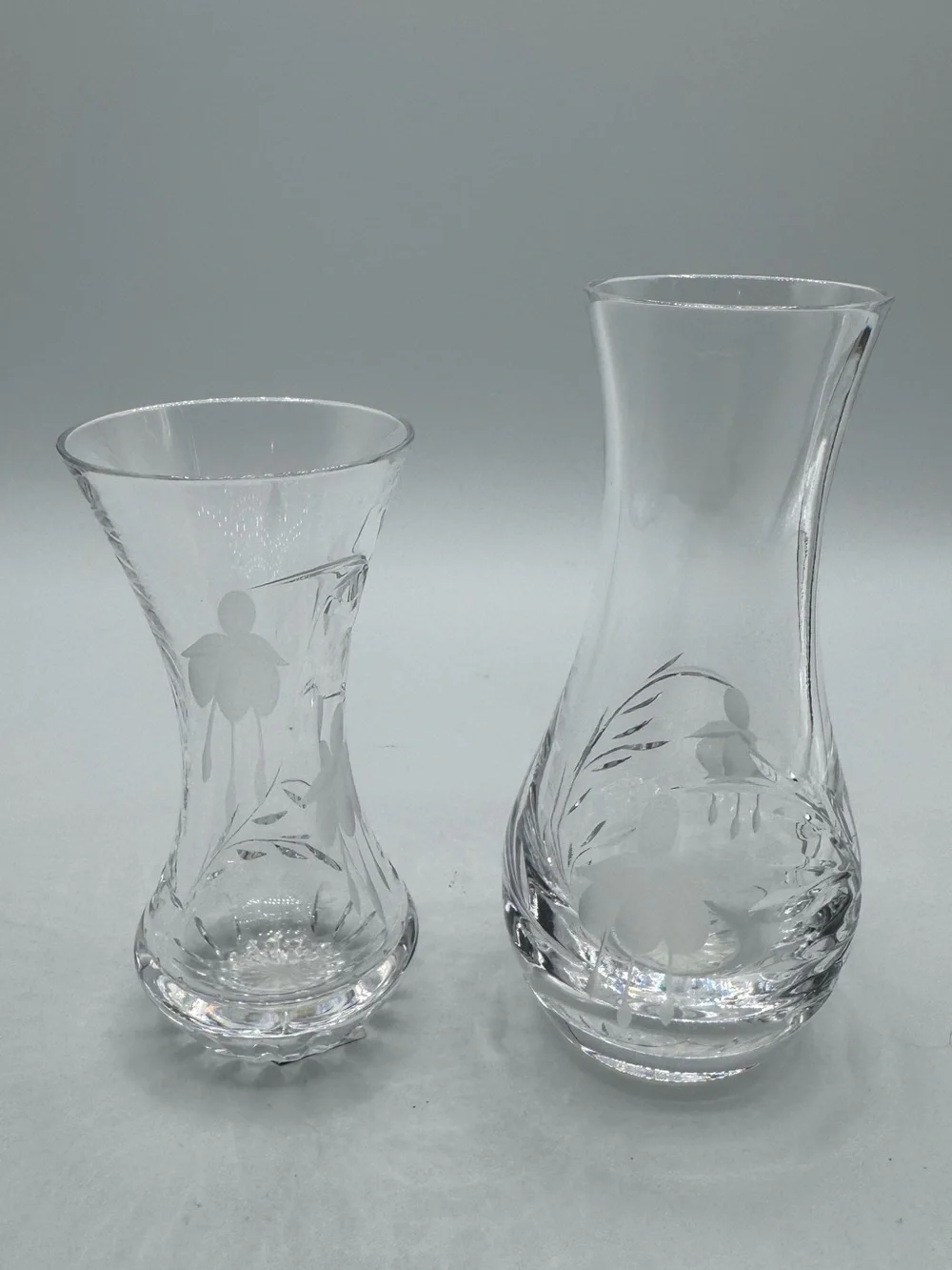 Vintage Stuart Lead Crystal Fuchsia Etched Set of 2 Bud Vase
